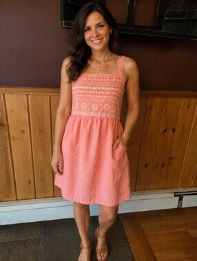 Ann Taylor Loft Peach Cotton Sundress Square Neck Small Coral